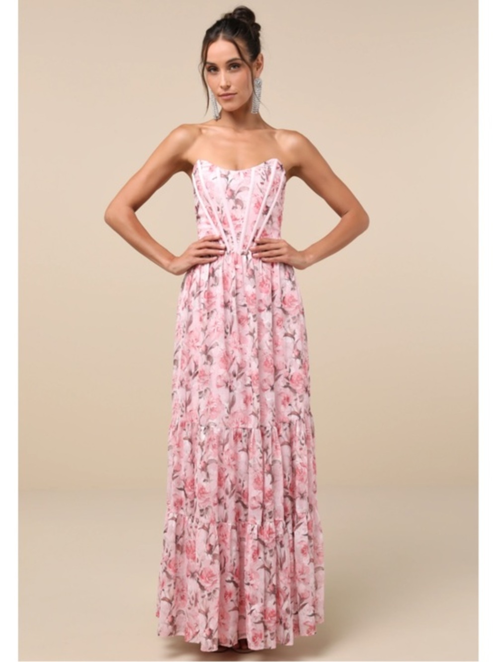 NWT Lulu’s Special Moment Pink Floral Strapless Bustier Maxi Dress Large Party